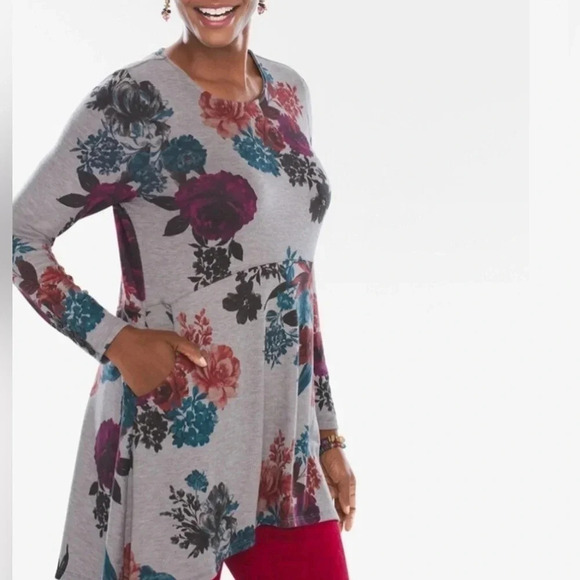 Chico's Rose Tunic Top High Low Grey Floral Size 1 Medium Kangaroo Pocket - Picture 1 of 8